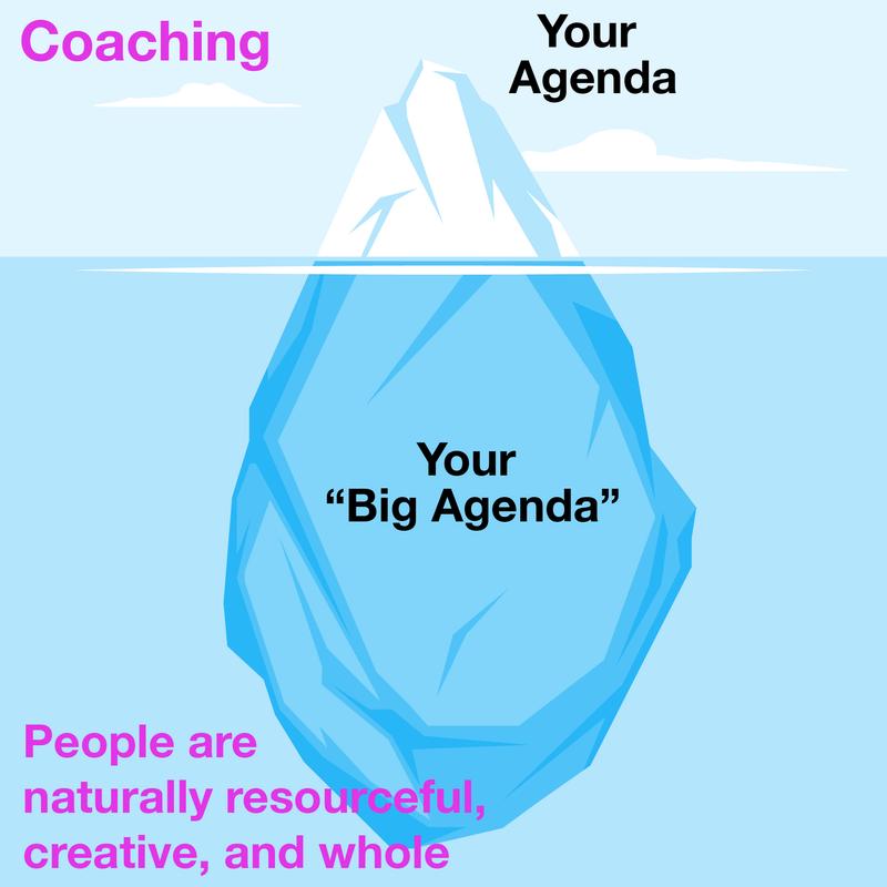Coaching: An iceberg with the top labeled Your Agenda and the part below the surface labeled Your Big Agenda
