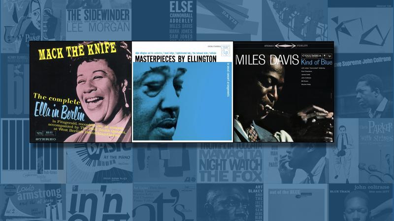 Picture of three LPs: Ella Fitzgerald, Duke Ellington, and Miles Davis