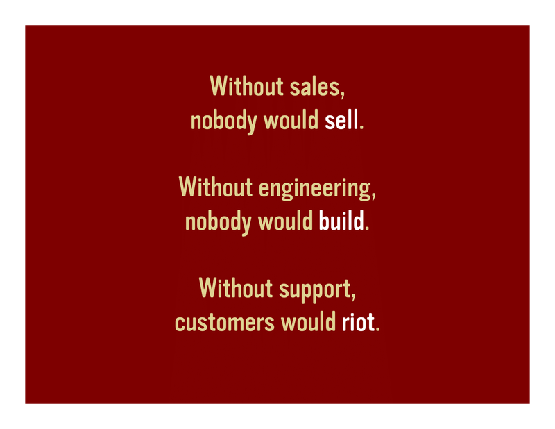 Slide 11: Without sales, nobody would sell. Without engineering, nobody would build. Without support, customers would riot.