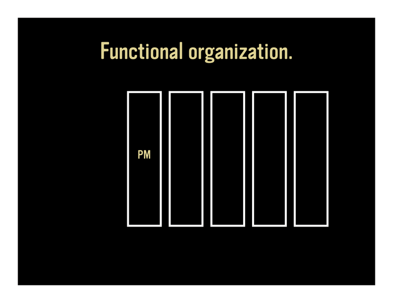 Slide 17: Functional organization. [Diagram showing vertical boxes depicting teams with PM in one of them]