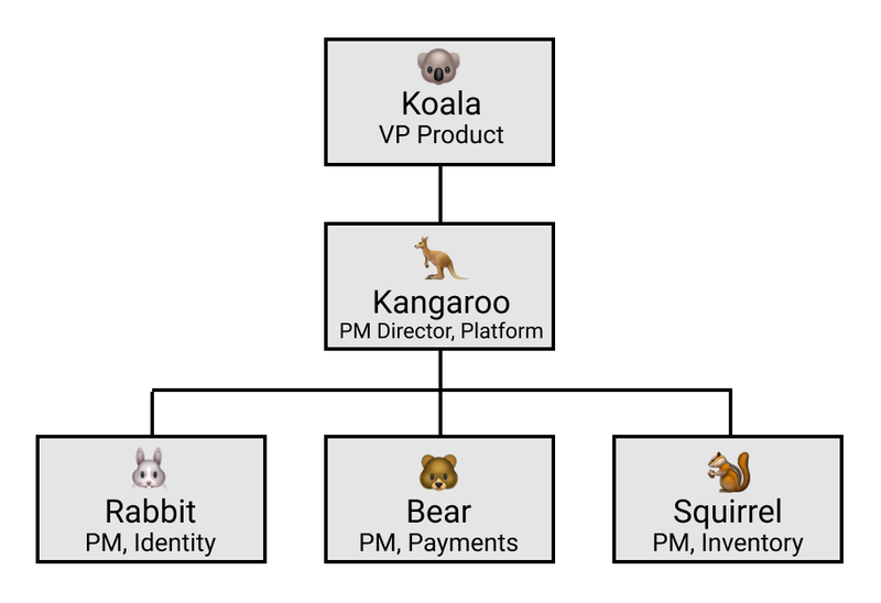 [Org chart showing Koala (VP of Product), Kangaro (PM Director) and Rabbit/Bear/Squirrel (PMs)]