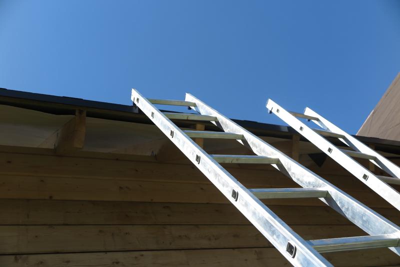 Two ladders ascending to a roof