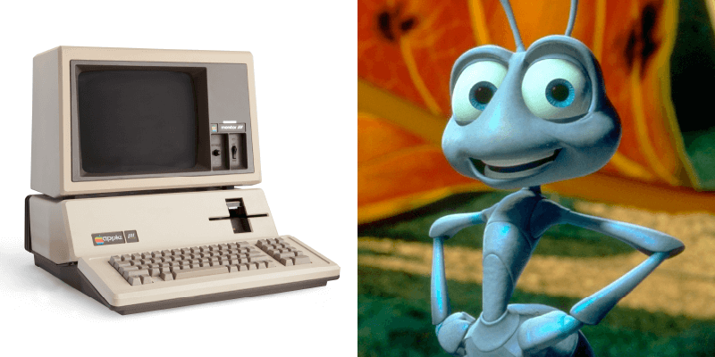 [Photos: Apple III computer and still from A Bug's Life]